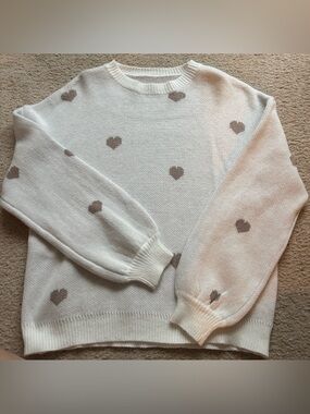 Cream Heart-Print Crewneck Sweater